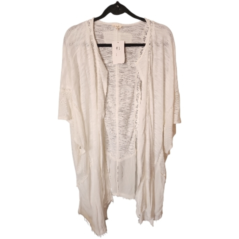 POL | Ivory Edge Cut Cotton Knit Swin Cover Up Wrap Cardigan Lace Accents‎ | M